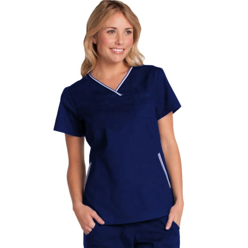 Women Nursing Hospital Uniform Rib Crew Neck Three Pocket Custom Made Nurses Scrub Top