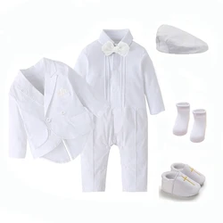 Long Sleeve White Ceremony Suit 0 to 18 Months Baby Christening Set Bowtie Jumpsuit Hat Socks Shoes Toddler Boy Baptism Clothes