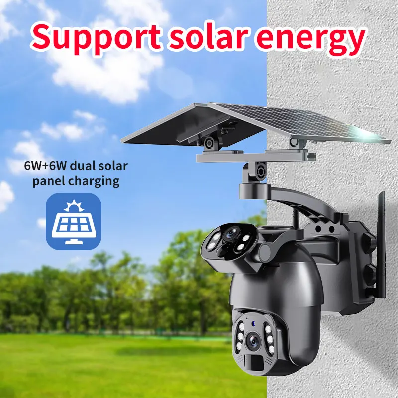 Pro Solar Powered Surveillance Security PTZ CCTV Camera Dual Lens Wireless Outdoor WiFi 4G Sim Card Solar Camera