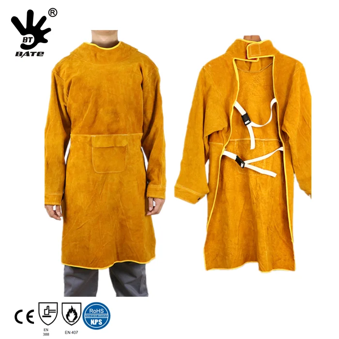Leather Welding Apron Flame Resistant Cowhide Welding Jacket Long Workshop Apron