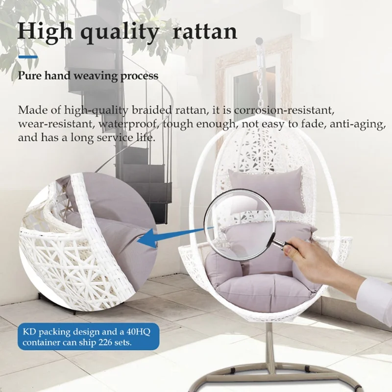 White Modern Patio Garden Wicker Furniture Outdoor Front Porch Rattan Metal Swing Hanging Egg Chair with Stand