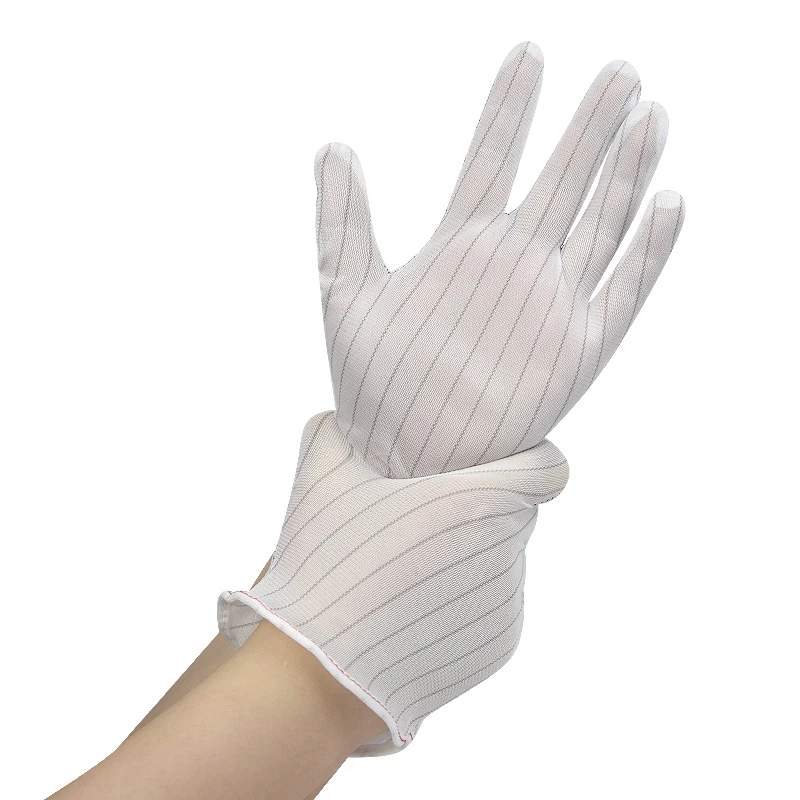 Manufacture Sewing ESD Anti Static Stripe Gloves Lint Free ESD Antistatic Polyester Cleanroom Glove for Assembly Line