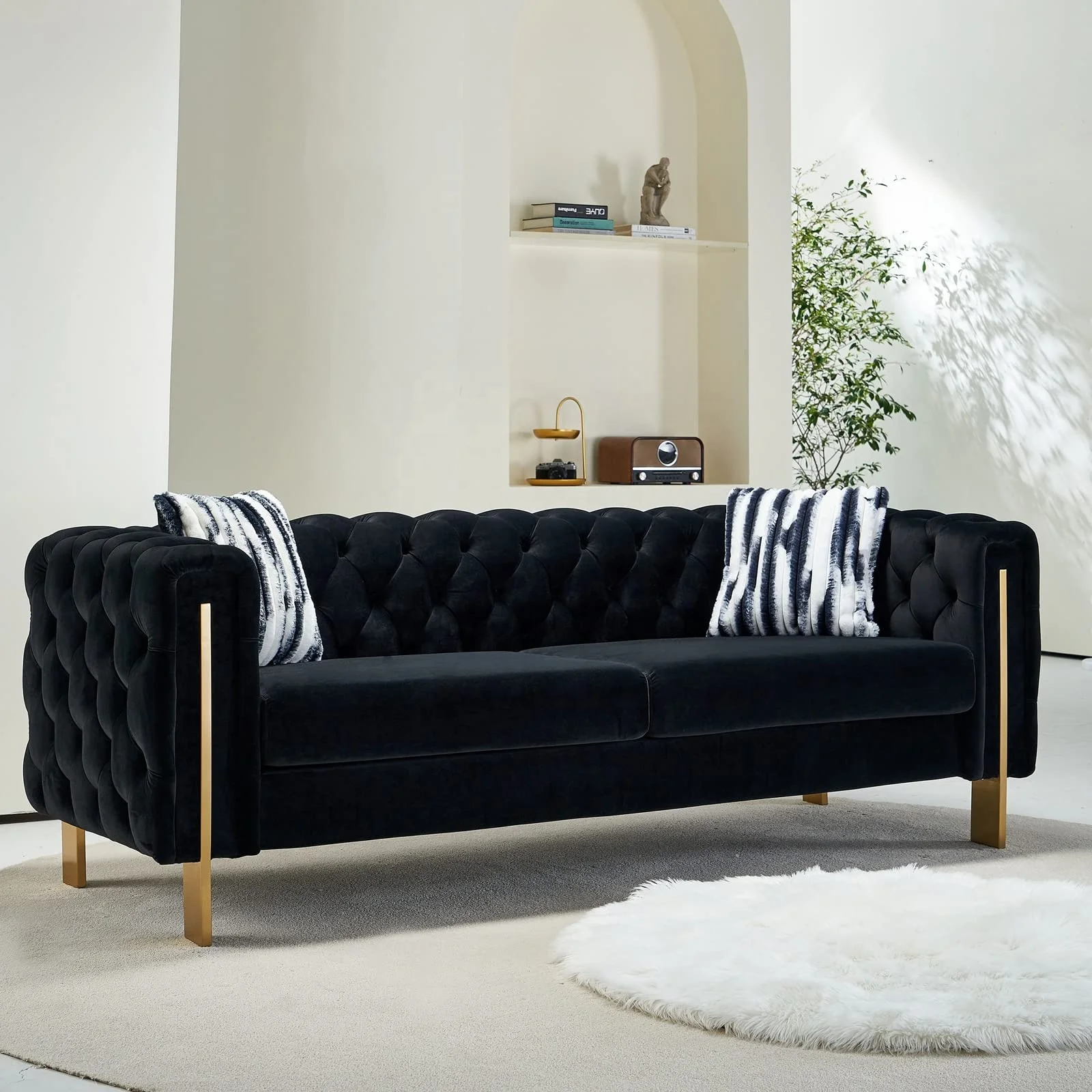 Velvet Couches for Living Room Chesterfield Sofa 3-Seater Comfy Sofas Upholstered Living Room Sofa Black