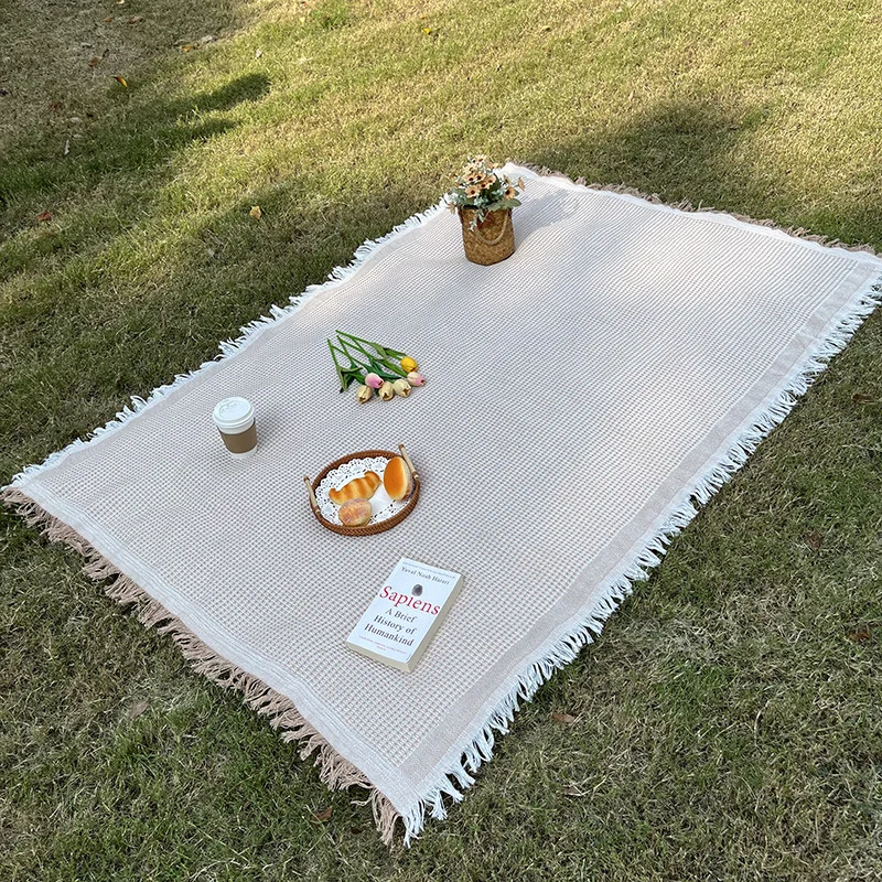 Amity Folding Travel Blanket Linen Tablecloth Picnic Mat Outdoor Camping Solid Size Customizable Cotton Polyester Sofa Blanket