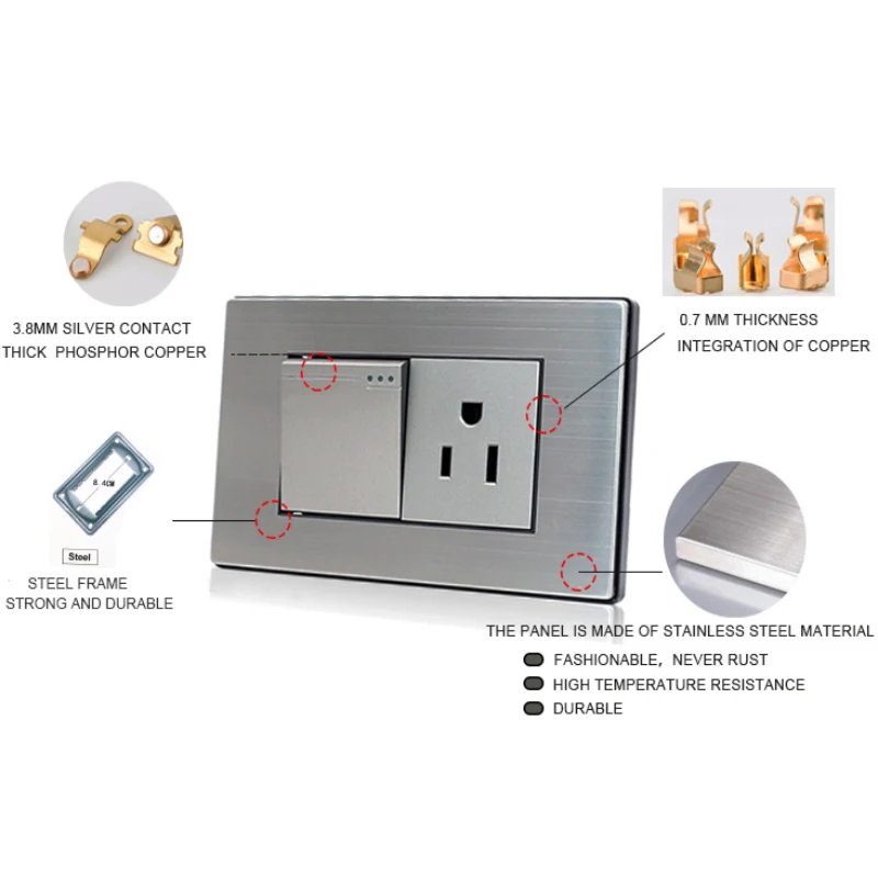 South American Standard Modular Switches And Sockets Stainless Steel Panel Electric 1 Gang Big Button Gray Wall Switch