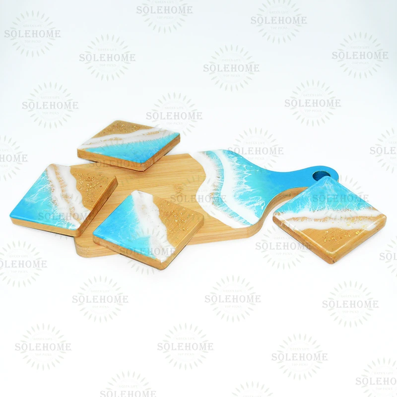 Exquisite Engraved Ocean Style Resin Bamboo Wood Coasters for Beach Wedding Favors Personalized Gifts for Guests
