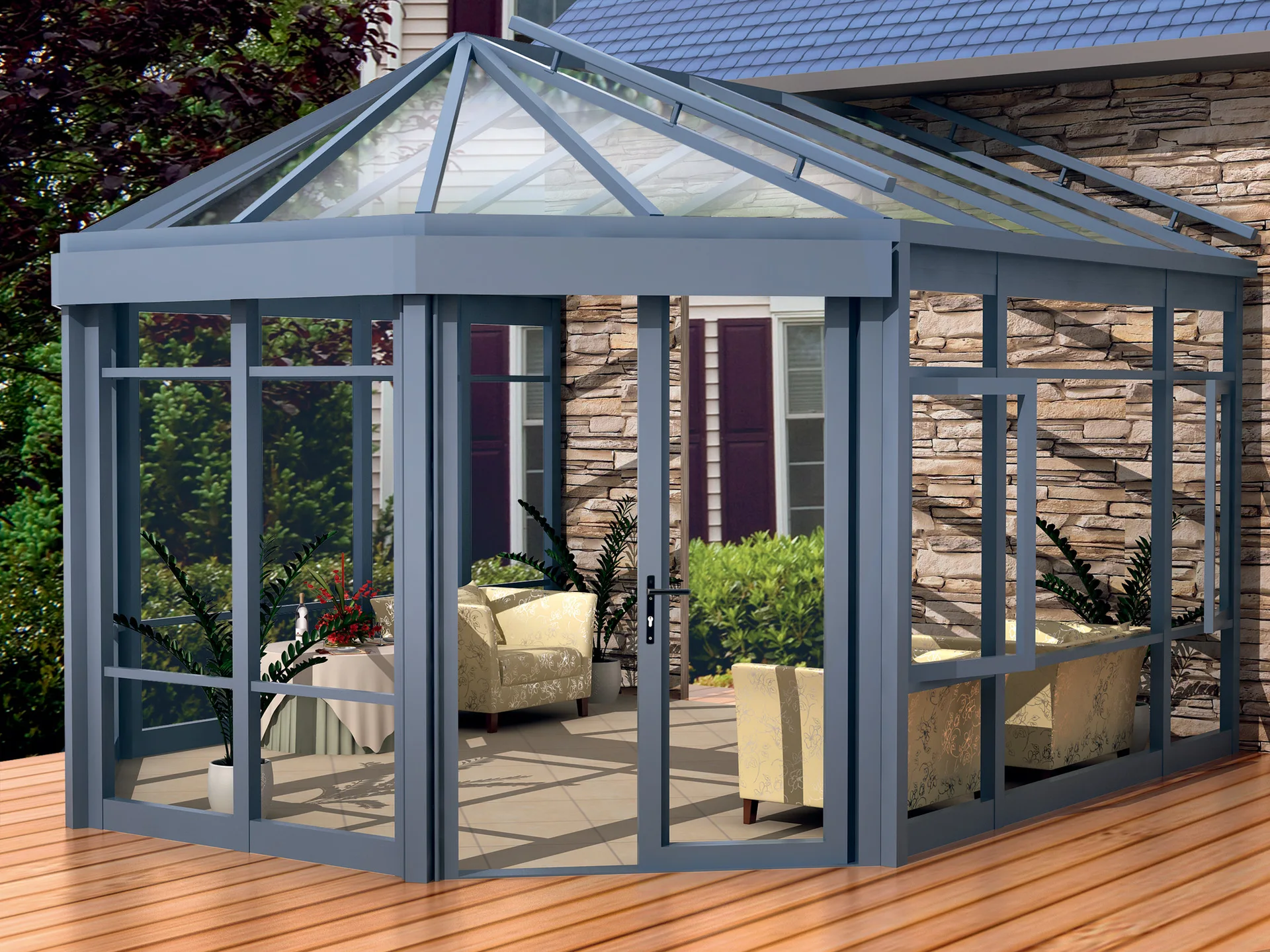 Triangular roof sunroom aluminium alloy frame garden house with balcony winter room manufacturer