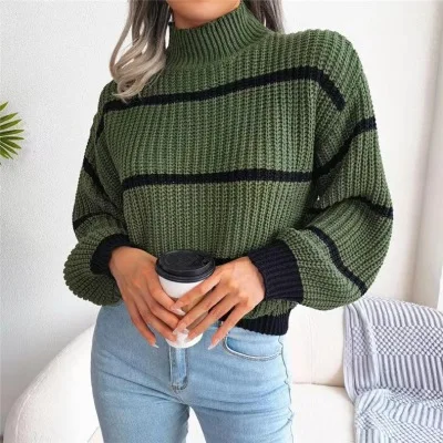 Autumn Winter European Style Casual Striped Lantern Sleeve Half Turtleneck Knitted Pullover Woman Sweater