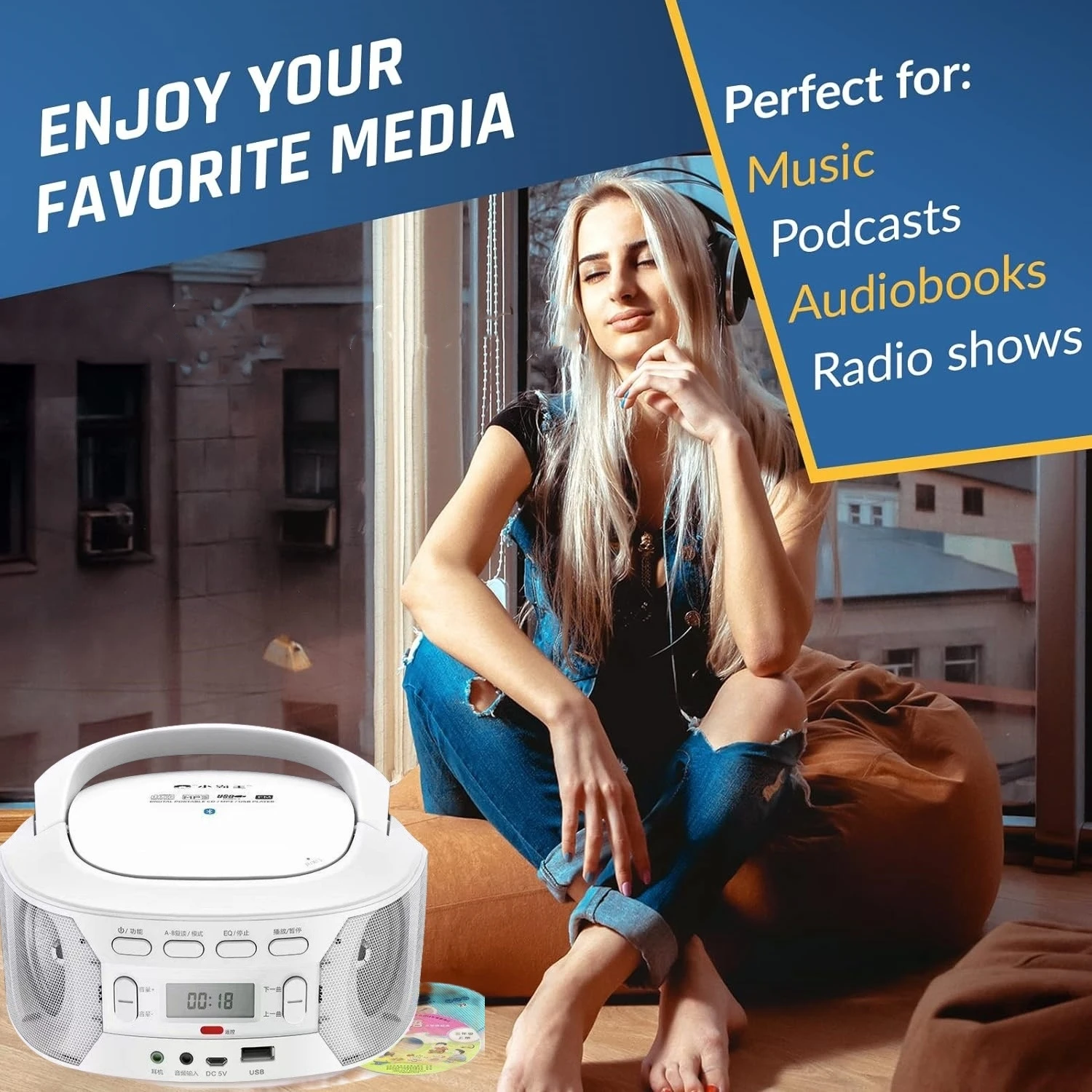 Portable CD Boombox Mp3 Player with FM Stereo Radio AC/Battery Powered with Earphone Jack CD Player for Home Outdoor Office