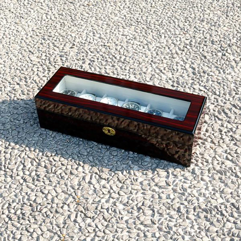 Luxury Dark Red Wooden 6 Slots Watches Display Box Golden Lock Wrist Watch Organizer with Glass Window