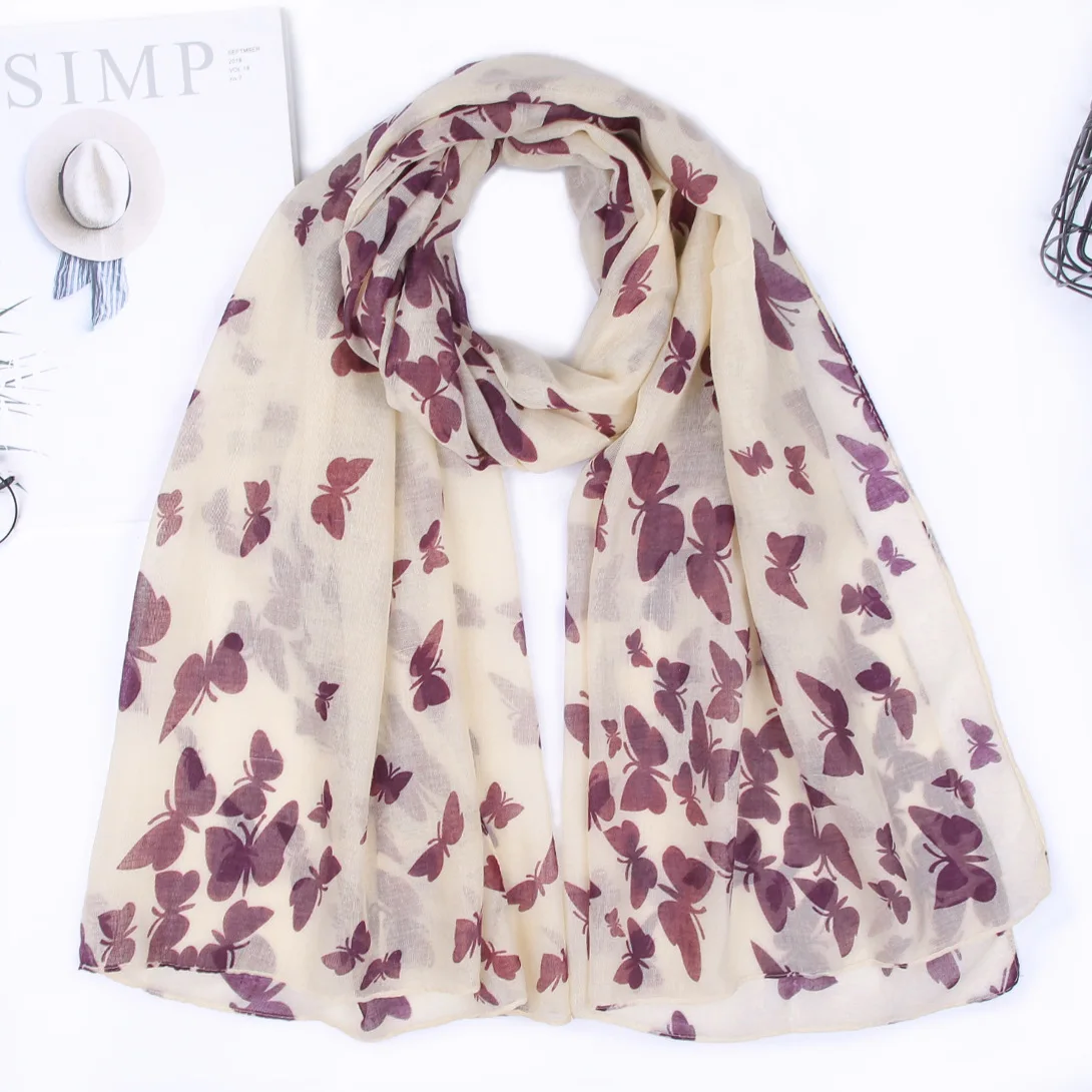 Hot Sale Stylish Butterfly Pattern Viscose Scarves Beach Shawls Women Long Large 90*180CM Cotton Head Wrap Animal Print Hijab