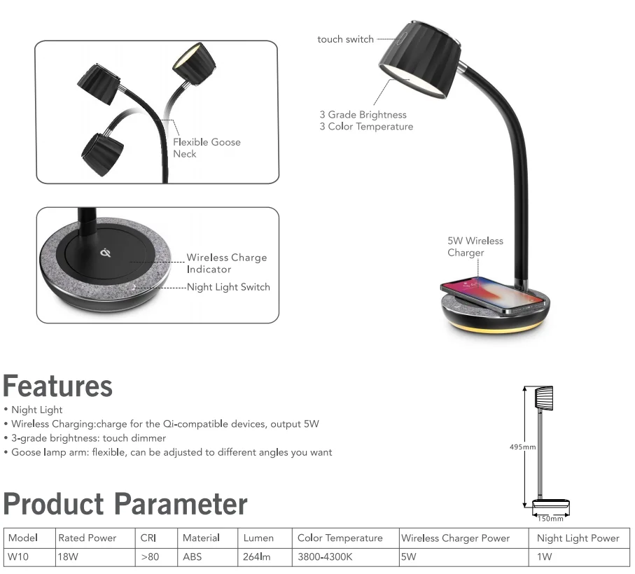 Home Decor Modern Simple Style 3-Grade Brightness LED Desk Lamp with Wireless Charger