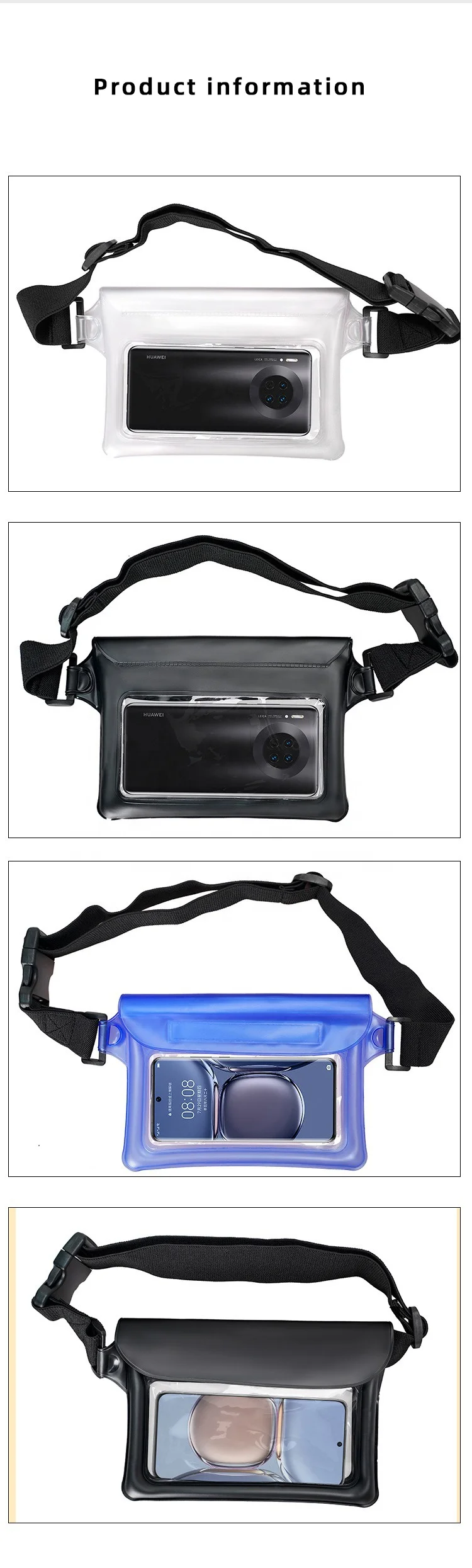 large capacity mobile phone tpu button and zip ipx8 swimming waterproof waist bag