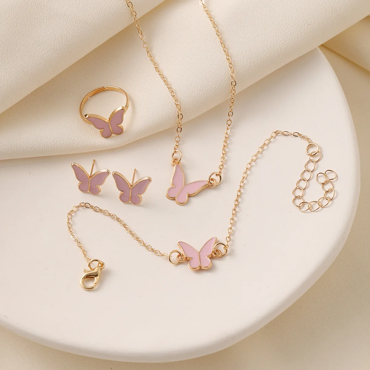 4 Pieces Lucky Butterfly Bracelets Women White Pink Enamel Charm Gold Plated Bracelet Choker Necklace Ring Earring Jewelry Set