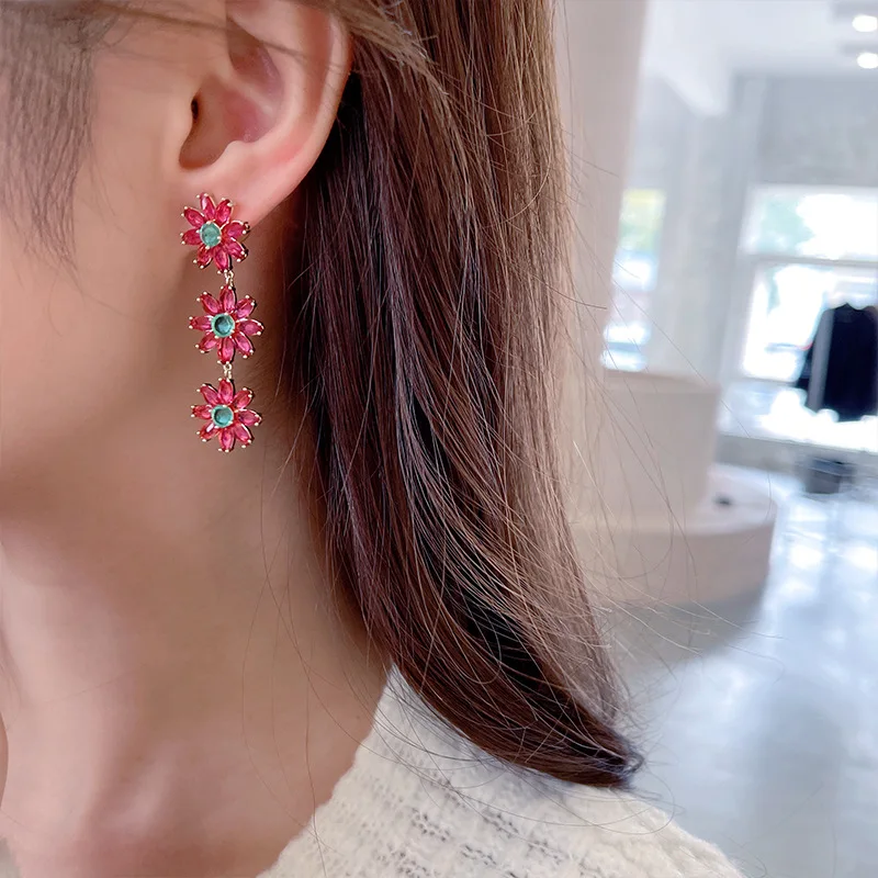 Wholesale Women Elegant Light Luxury Diamond Zircon Rose Red Flower Long Drop Earrings