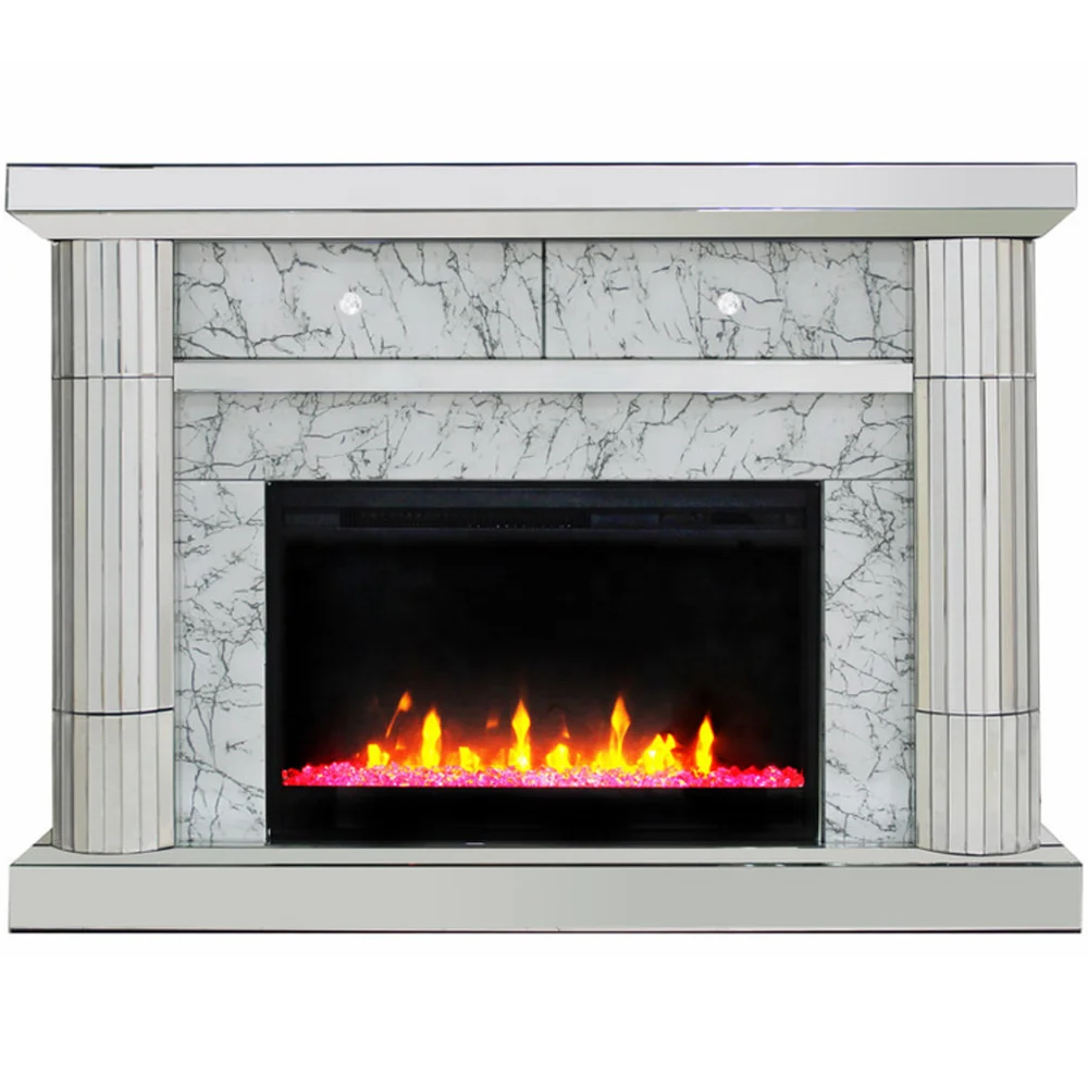 Living room mirrored furniture marble mirrored electric fireplace with 2 drawers