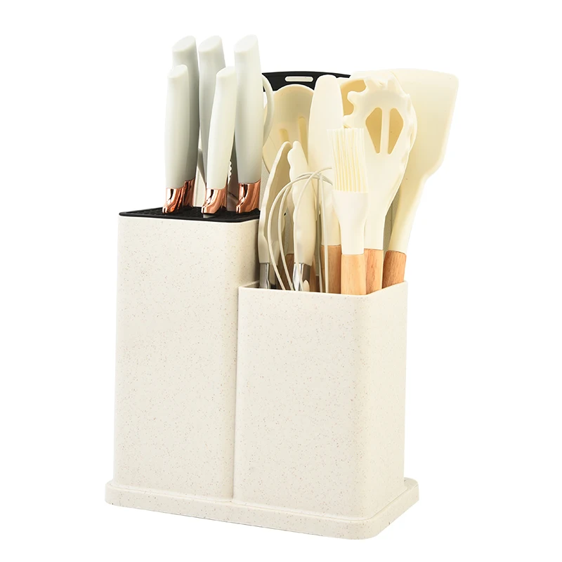 Home and kitchen 19pcs wooden handle silicone kitchen tools set with cutting board and knives kitchen utensils set