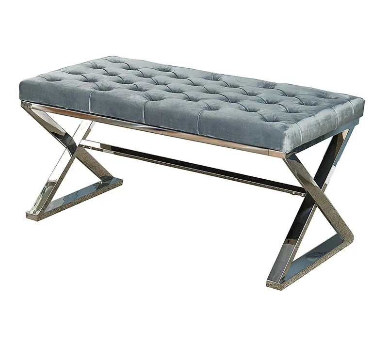 High quality luxury stainless steel frame comfortable fabric bedroom Bench