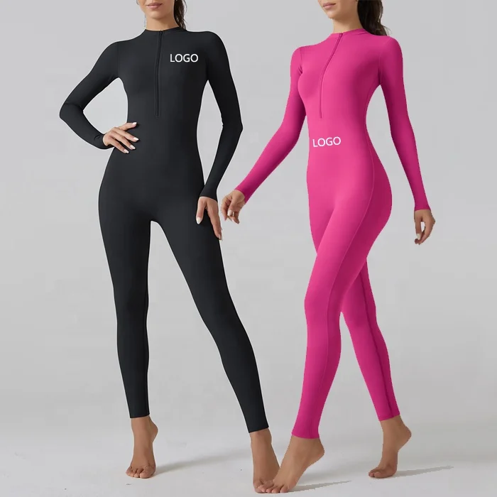 Women One Piece Yoga Gym Fitness Rompers Workout Jumpsuit femme Long Sleeve Zip Front Bodycon Clothes Sport Leggings Bodysuit