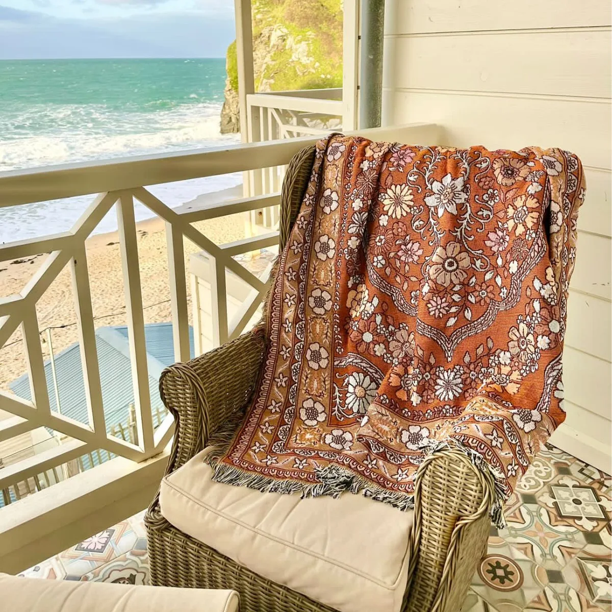 Custom Boho Floral Jacquard Woven Throw Beach Rug and Camping Mat Tapestry