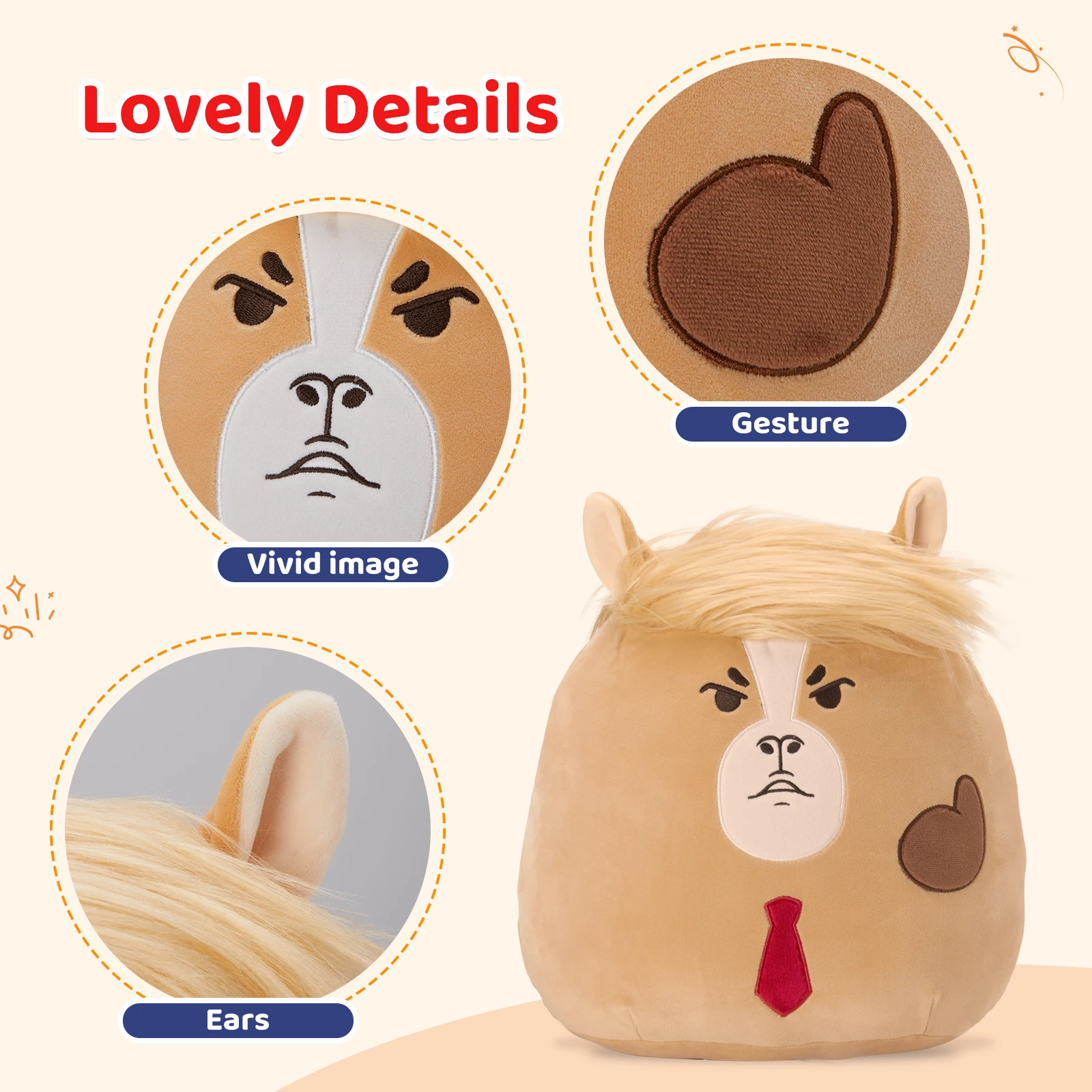 Trumpy Horse squishy plush pillow toy with golden long hair and red hat cartoon stuffed animals gift for friends Donald