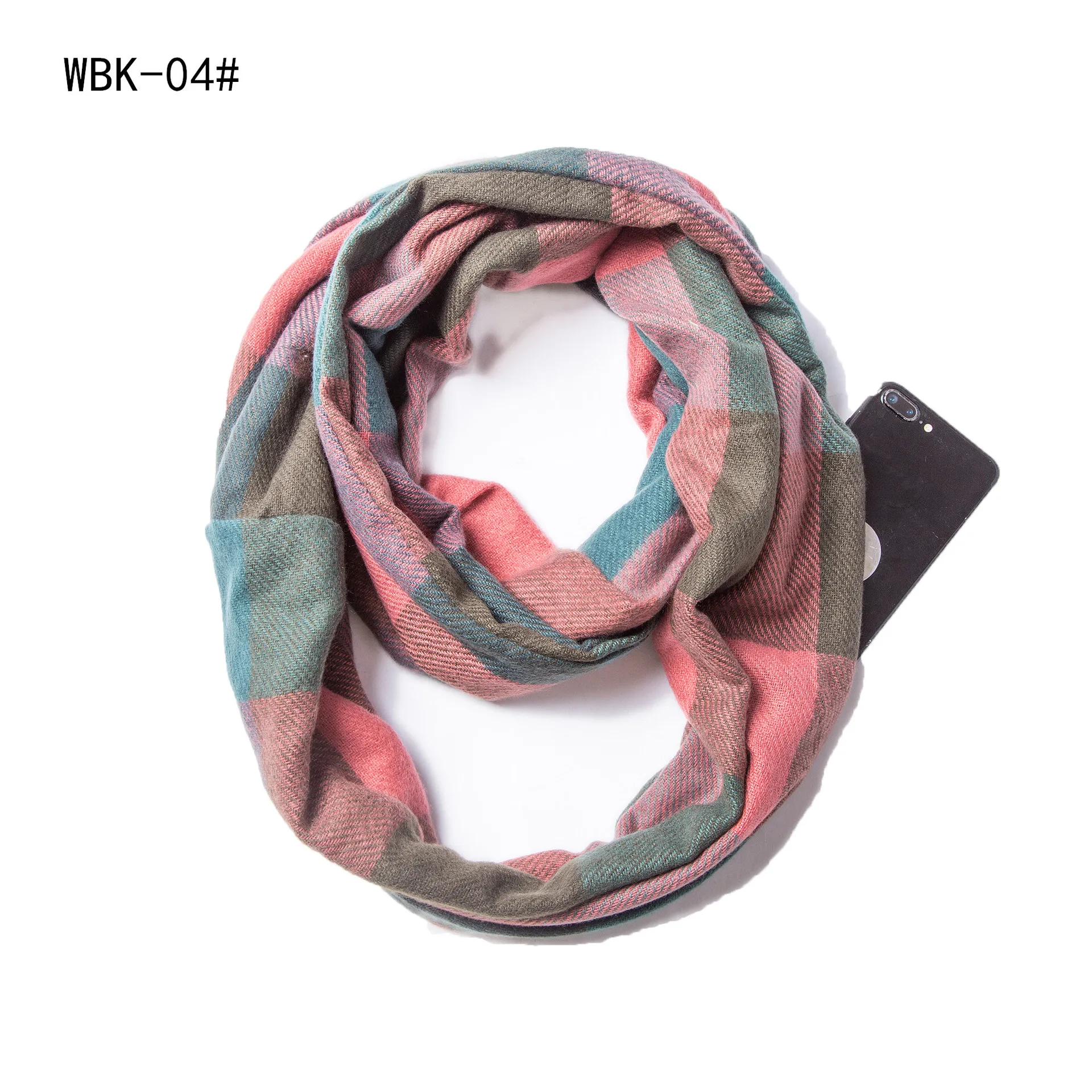 Cashmere Winter Pockets Infinity Scarf Warm Hidden Zipper Storage Plaid Neckerchief Travel Checked Scarves With Pocket