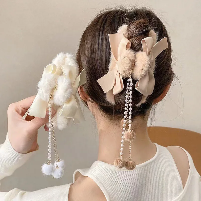 New Fashion Tassel Pendant Plush Hair Clip For Women Fresh And Sweet Heart Hair Clip Temperament Bowknot Cute Hair Clips