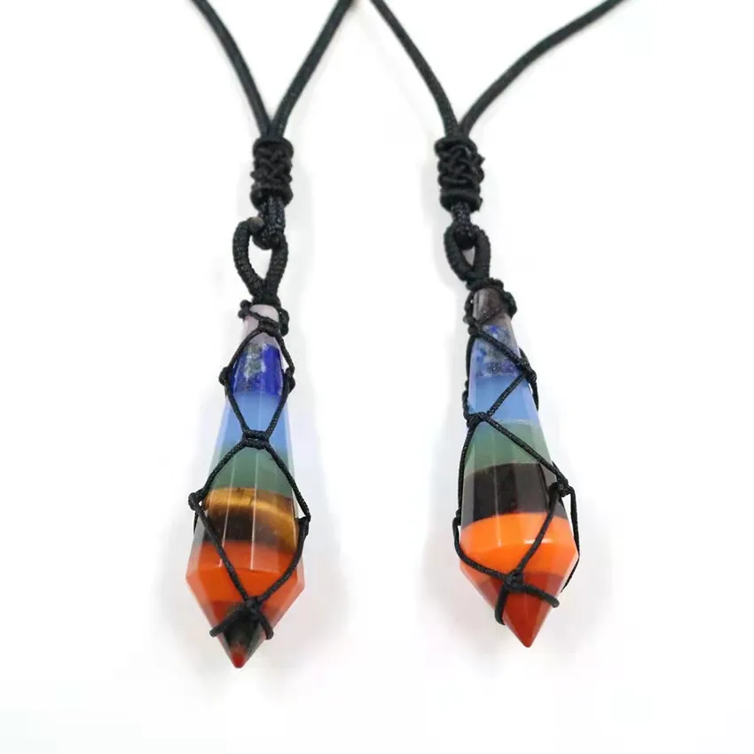 Natural crystal stone hand-woven simple trendy necklace necklace with colorful chakra faceted geometric hexagonal cone pendant