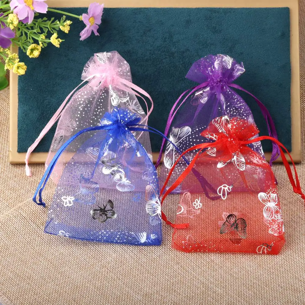 7x9cm Drawstring Silver Butterfly Organza Bag for Jewelry