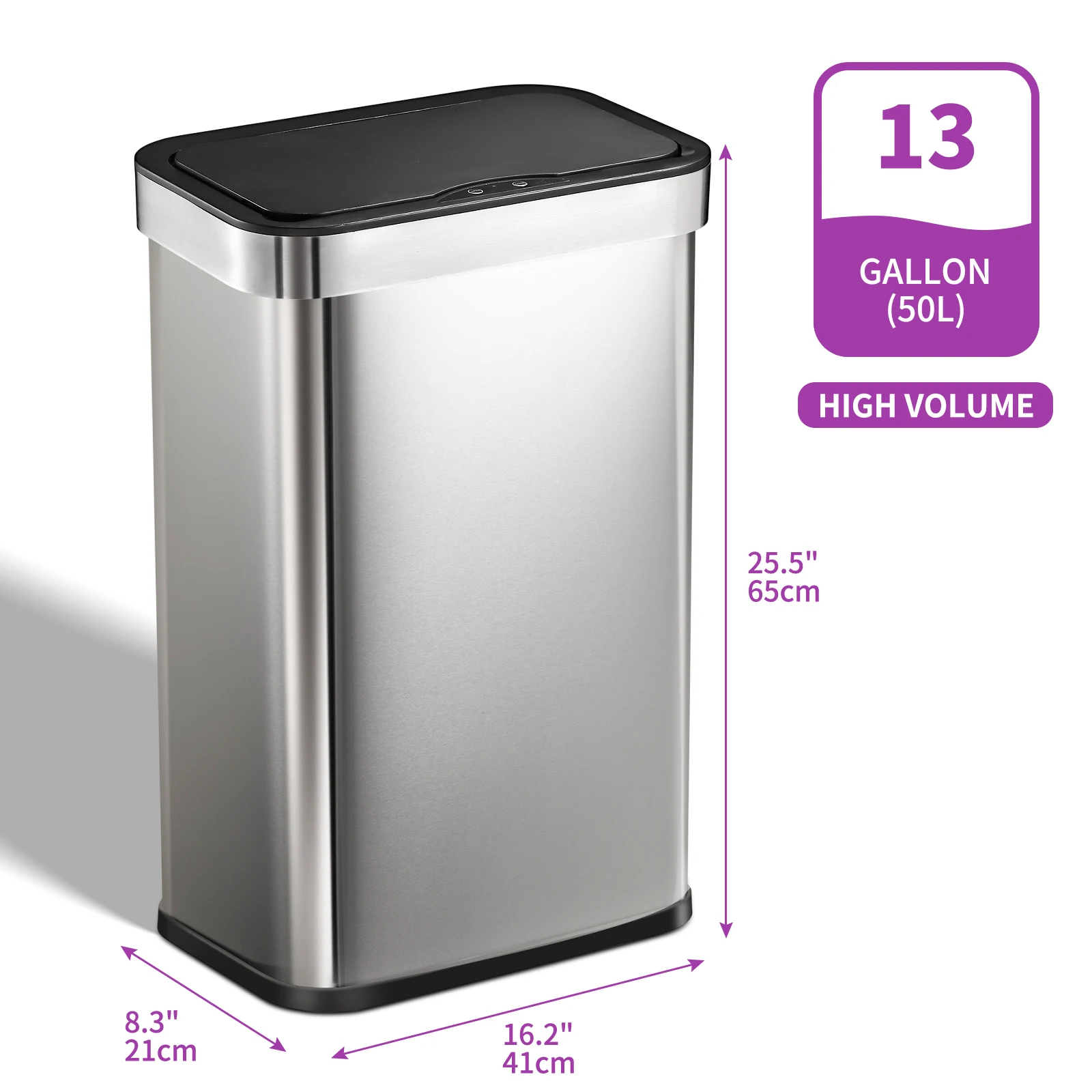 50L 13 Gallon Rectangular Vibration Sensor Waste Bin Stainless Steel Smart Garbage Can With Soft Lid