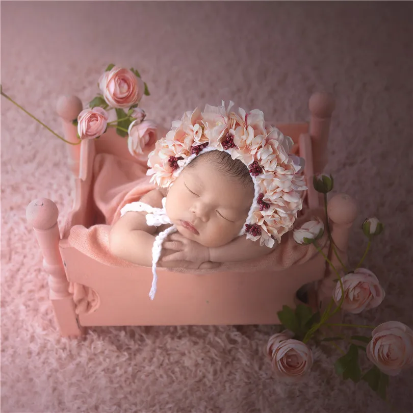 Newborn Girl Floral Bonnet Photography Shoot Sunflower Garden Baby Hat Photo Props Hand Knit New Born Bonnet Hat