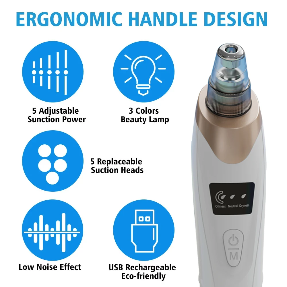 5 In 1 Portable Electric Blackhead Suction Device Blackhead Remover With 5 Probes Household Face Pore Cleaner With LED Display