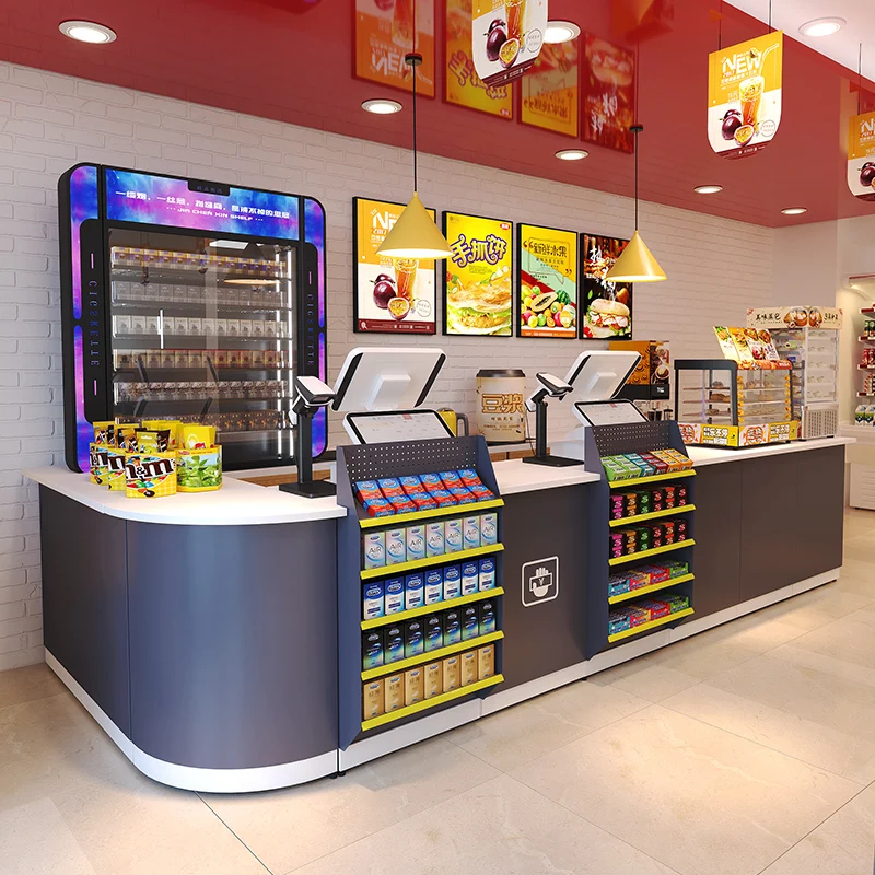 Customized Supermarket Checkout Counter Cash Counter Table Design Steel Cashier Convenient Store Check Out Counter