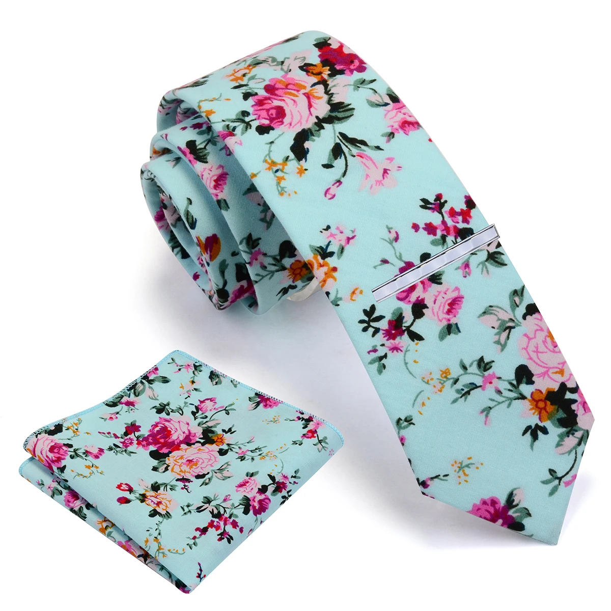 Wholesale Mens Cotton Printed Floral Skinny Neck Ties 6cm Necktie with Pocket Square Hanky Tie Clip Set