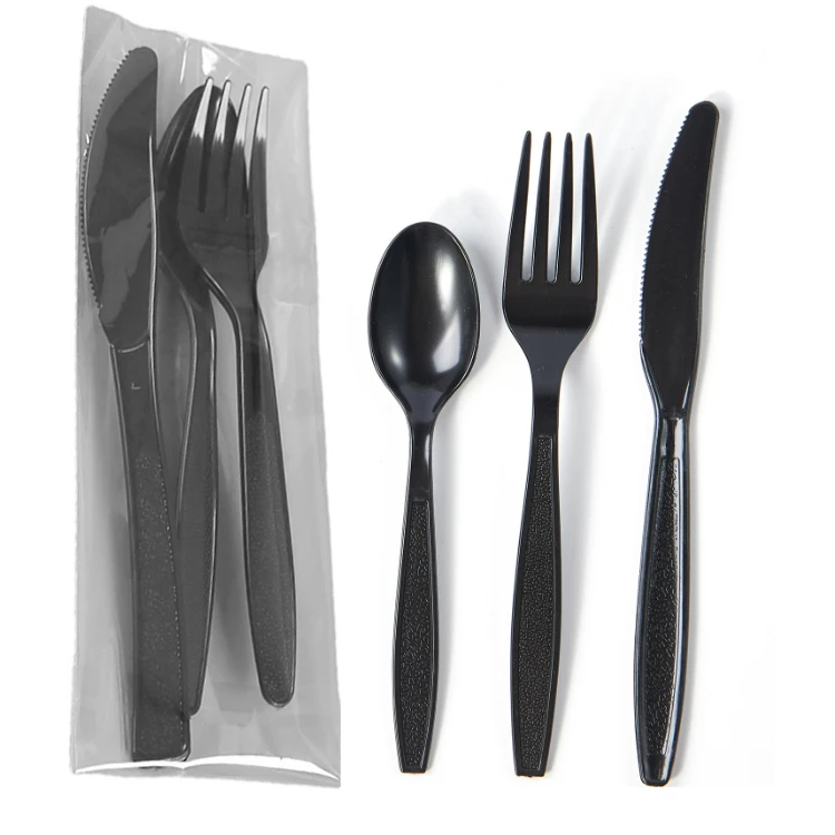 Custom 6 In 1 Heavy Weight Black Wrapped Plastic Cutlery Disposable spoon fork knife set with napkin salt and pepper pack