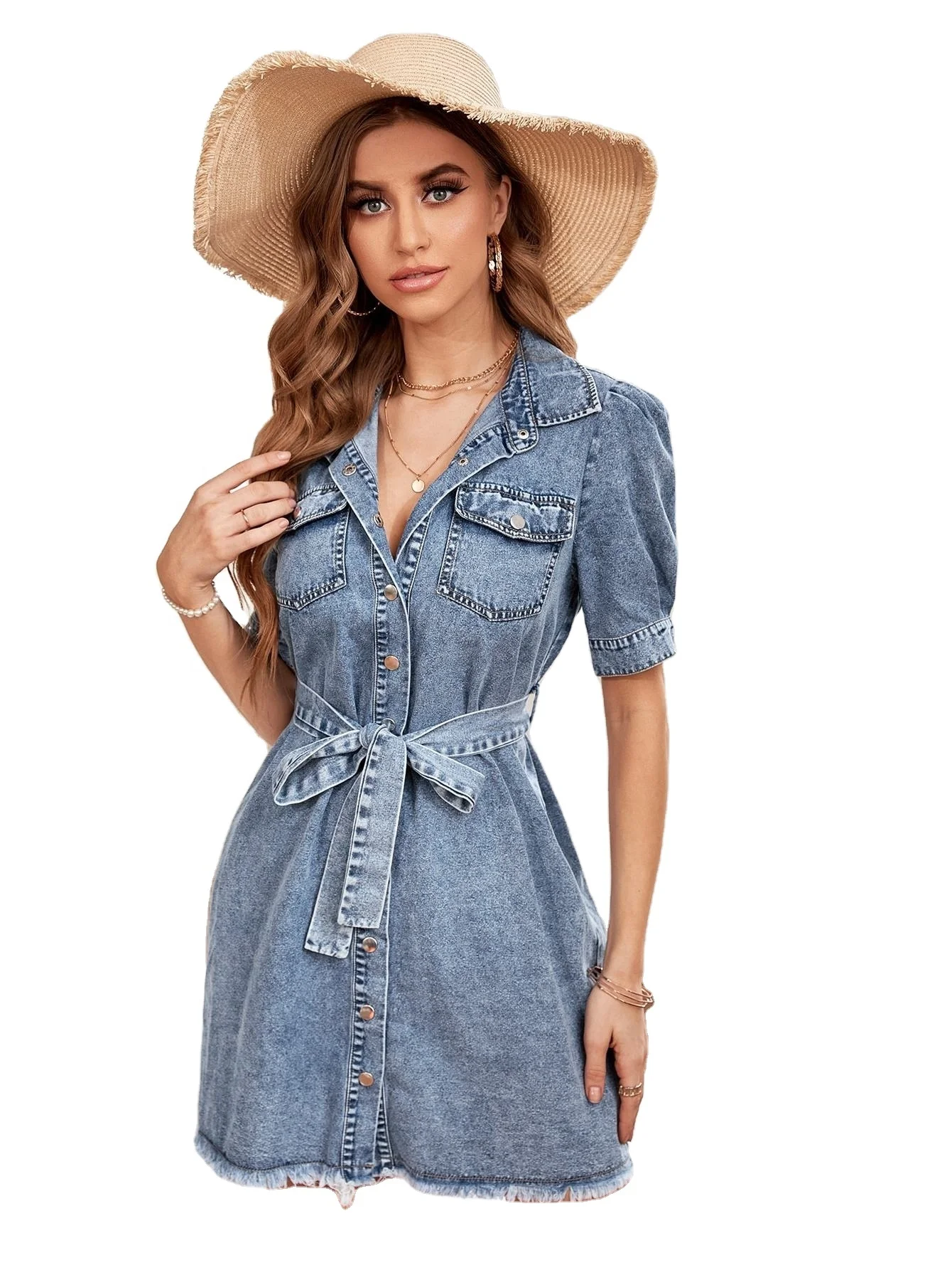 2022 Summer Casual-Formal Sexy Denim Dress Raw Hem Flap Pocket Belted Design Button Decoration Lace Accents Bow Front Back