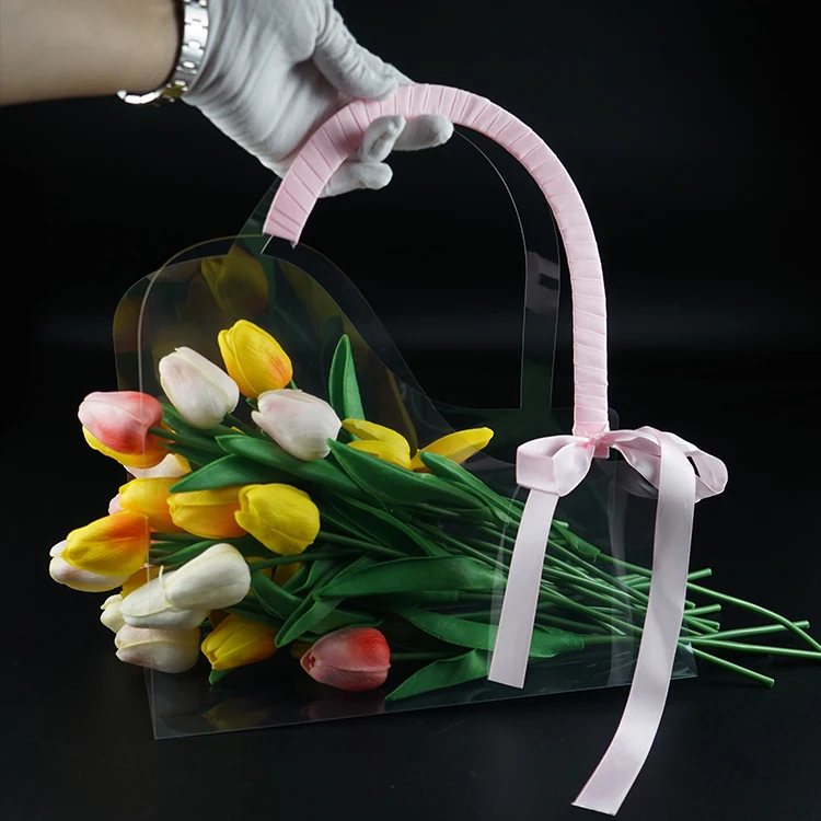 Custom Portable Transparent Fresh Flower PET Box Bouquet Handbag Flowers Wrapping Festivals Party Gift Rose Flower Package Bag