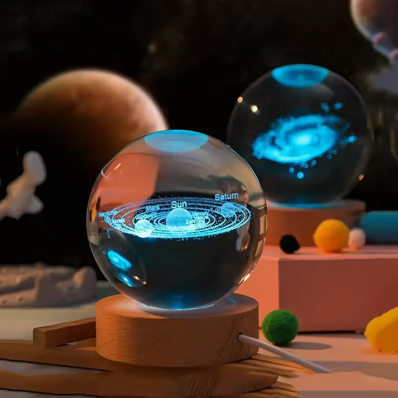 Honor of crystal Solar System Moon Nebula k5K9 crystal ball luminous Crystal 3d Ball Night Lamp with Wooden Led Night Light Base
