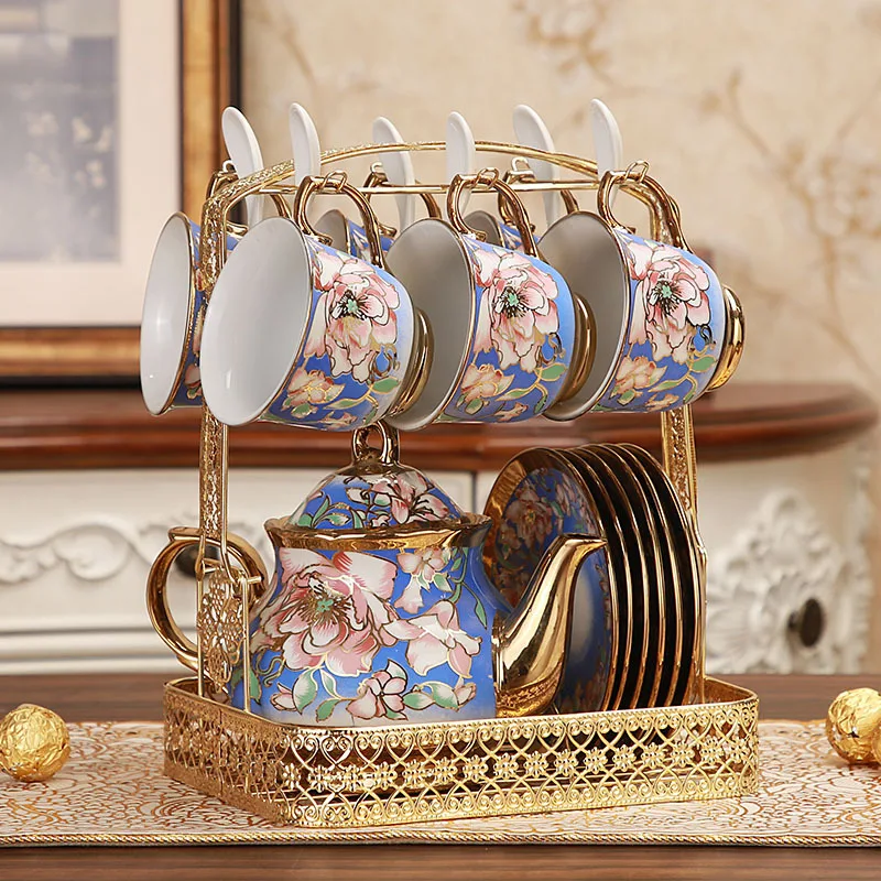 Royal Coffee Tea Set Luxury Gold Printed Ceramic Teapot with 6 Cups and Saucers European Design Style