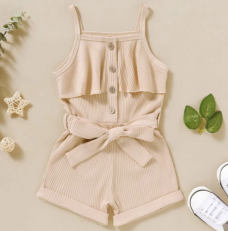  New Summer Toddler Kids Sleeveless Solid Color 100% cotton Ruffles Suspender Ribbed Cotton Baby Girl Clothes