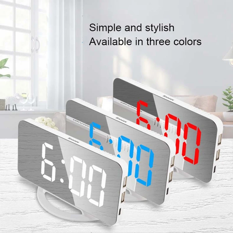 Mirror Surface Digital LED Alarm Clocks With 2 USB Port Electronic Automatic light-sensitive Plastic Clock Bedroom