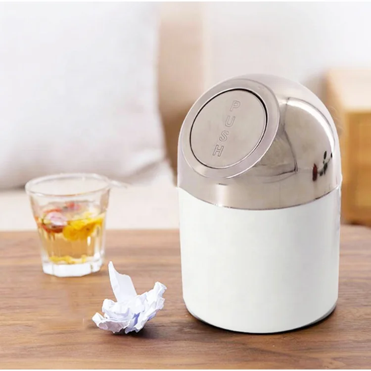 table top waste bin Metal Waste Bin With Push Lid Round Shape Desktop Dustbin