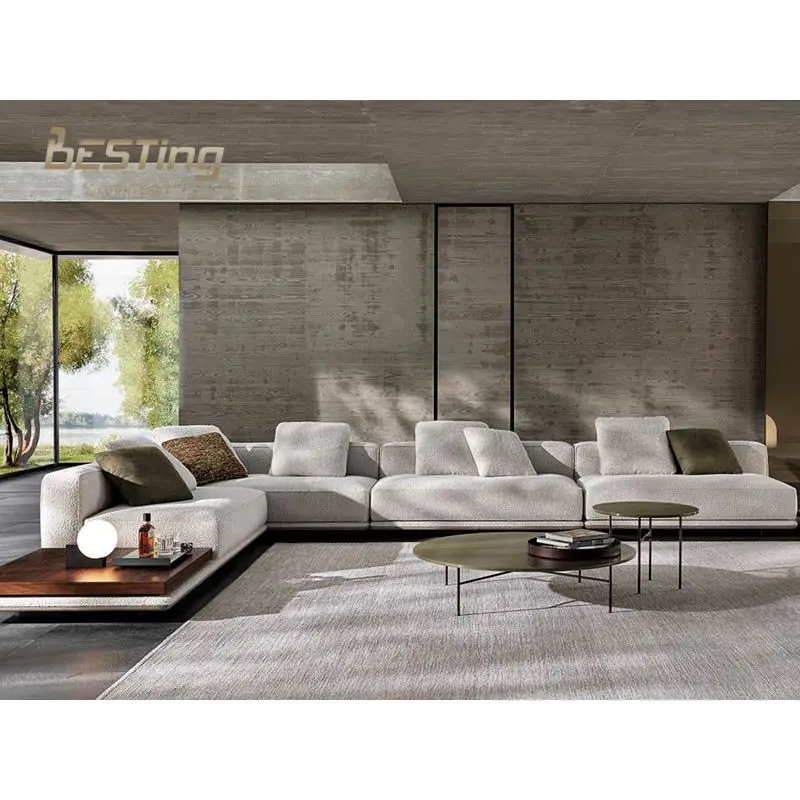 Modern living room furniture horizonte sofa curved soft couch Wood frame white fabric L shape 3 4 seat home modern sofa set