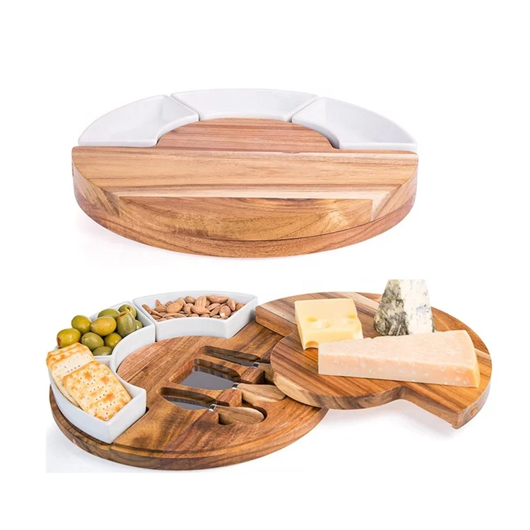 Wholesale round natural bamboo cheese serving board with 3pcs knife fork cutlery tools and ceramic bowl