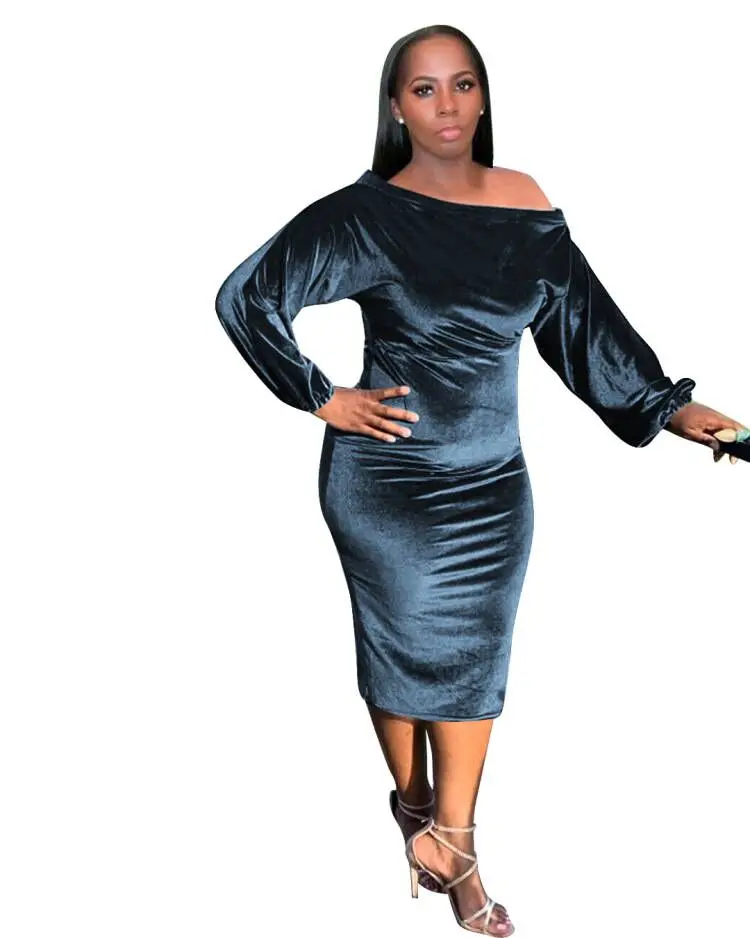 Women Club Casual Dress Autumn Winter Dress Lady Elegant Long Sleeves Slash Neck Velvet Evening Party Dresses Knee Length 2022