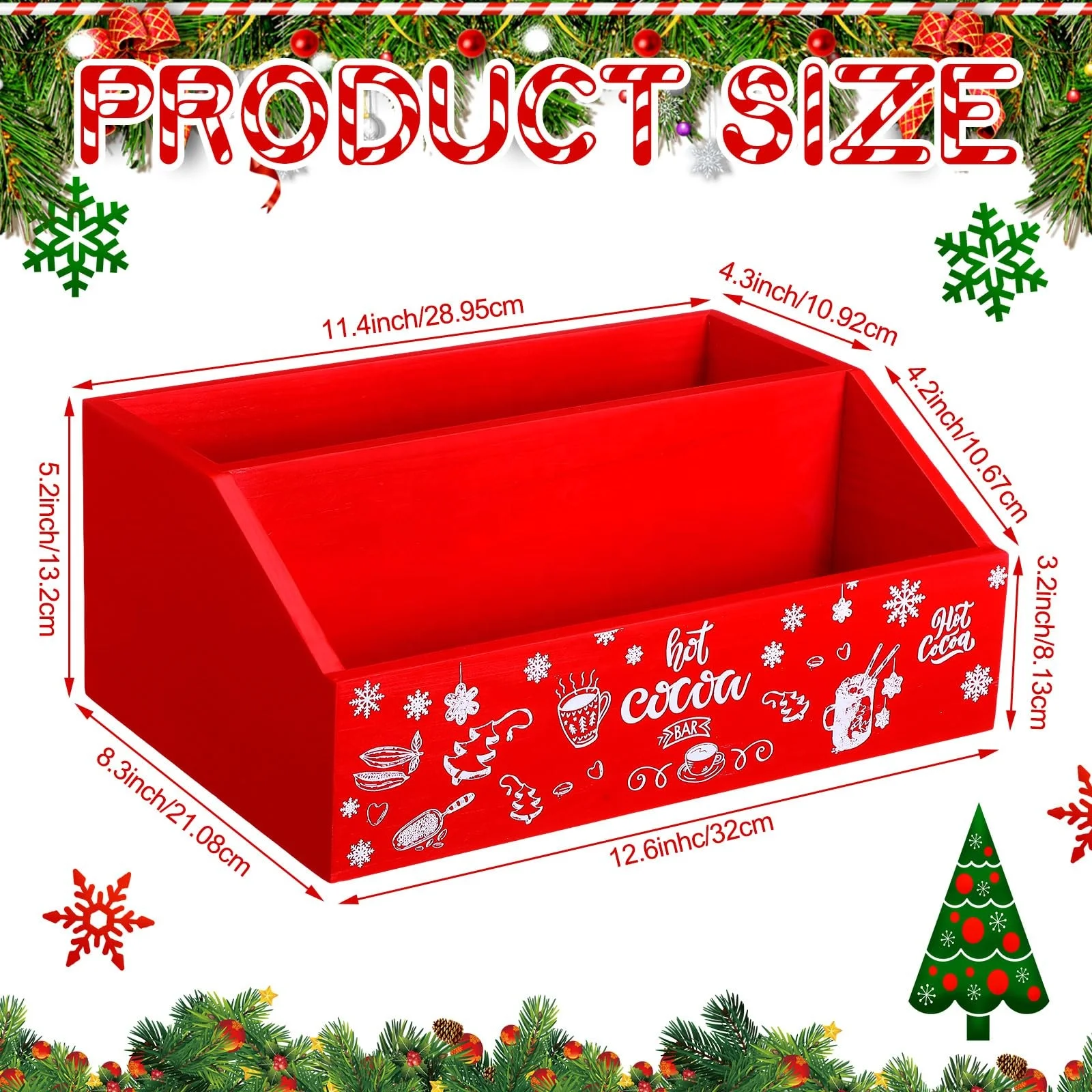 Christmas Hot Cocoa Bar Wood Storage Box Red Hot Chocolate Decorative Box Double Layer Cute Wooden Storage Bins For Home Kitchen