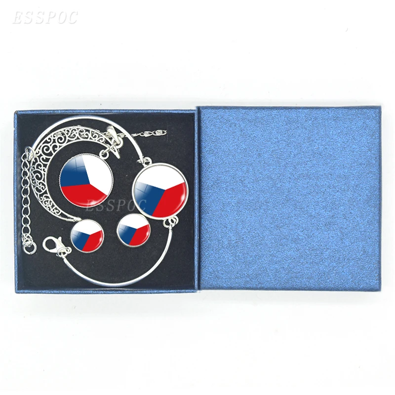 Bracelet Necklace Earrings Jewelry Set Czech Republic Flag Glass Cabochon European Countries Flag Necklace Set for Women Gifts