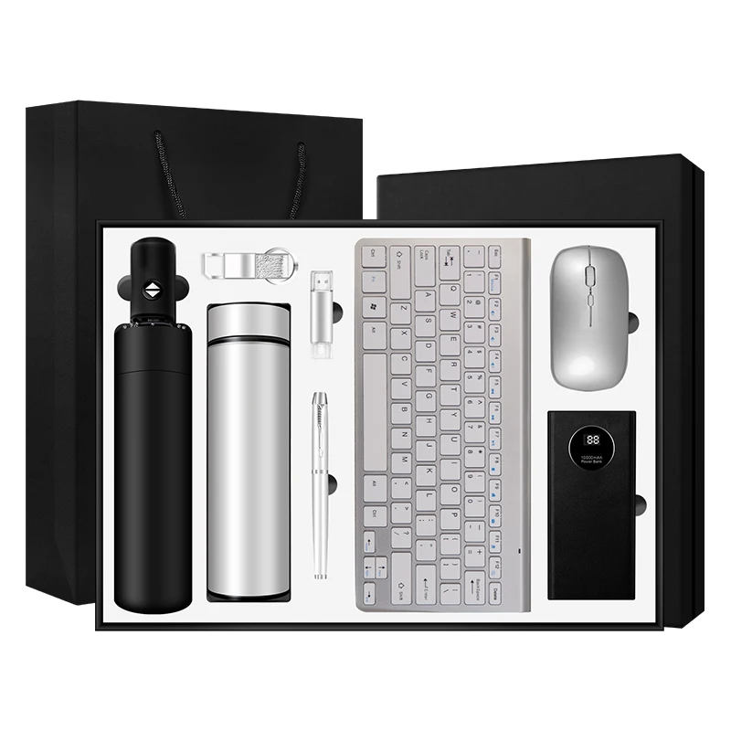 Wholesale Customized Business Gift Sets Leather Notebook Pen Vacuum Cup Mouse Keyboard Umbrellas Corporate Gift Guests Presents
