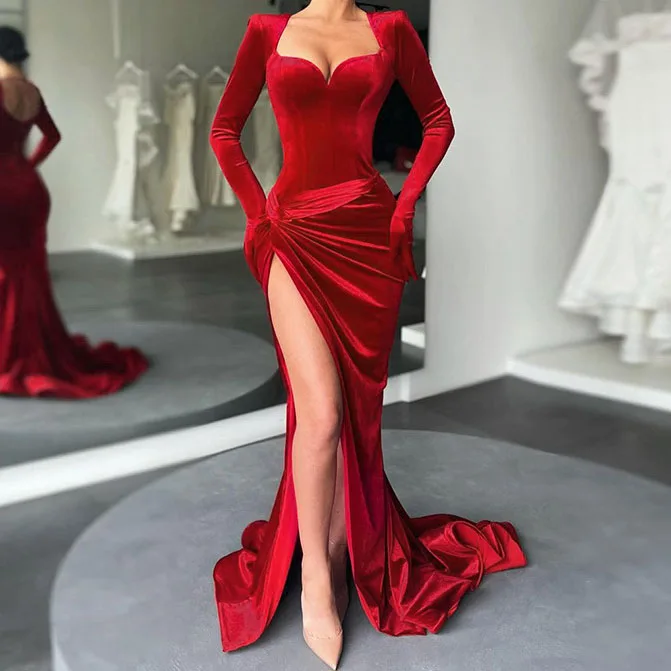 Womens Luxury Evening Dresses Party Wear Velour Ruched Red Gown Long Sleeve Front Slit Shoulder Padded Velvet Sexy Maxi Dress
