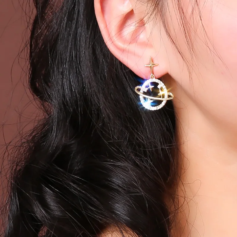 SC Fully Diamond Earrings Shiny Lovely Starry Sky Earrings Light Luxurious Universe Earrings For Students